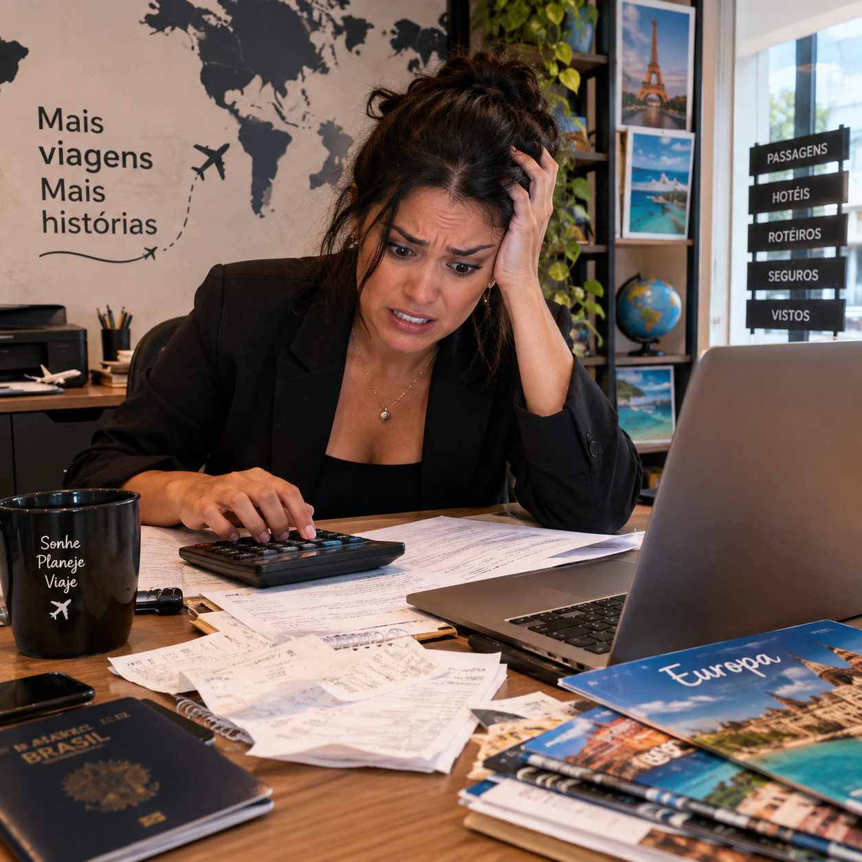 Agente de viagens preocupada calculando as despesas da agência